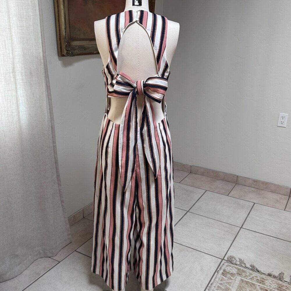 Striped Wide Leg Jumpsuit Open Back Tie Waist European Summer Resort Women L - Picture 4 of 16